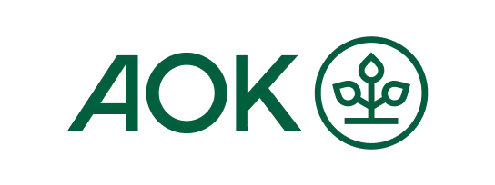 Green 'AOK' text with a stylized plant icon inside a circle on a black background.