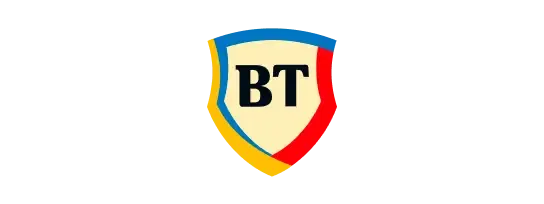 BT logo, a colorful shield with gold, blue, and red segments, and black "BT" letters.