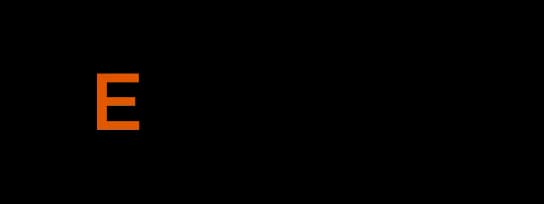 A standalone, uppercase orange letter "E" on a dark background.