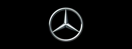 Silver Mercedes-Benz three-pointed star logo encircled, signifying luxury and engineering.