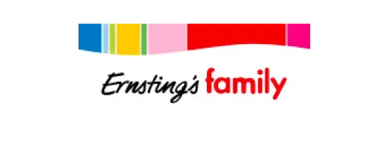 Ernsting's family logo with a colorful stripe, white background, and black and red text.