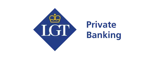 LGT Private Banking logo, a blue diamond with gold crown and text.