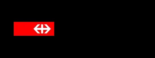SBB logo, a white double arrow symbol within a red rectangular background.