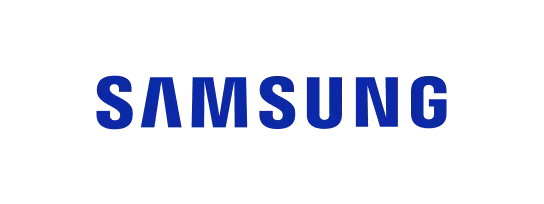 Samsung logo in bold blue letters on a black background.
