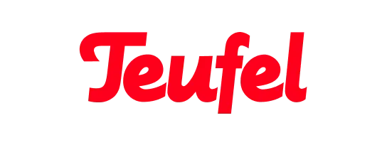 Teufel logo, red stylized script text on a black background.