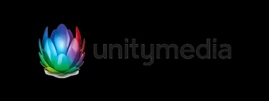 Unitymedia logo, a colorful lotus flower beside gray 'unitymedia' text.