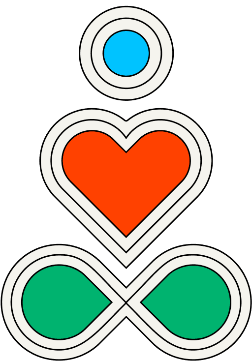 Head Heart Motion Icon – Kreis, Herz und Infinity-Symbol in Blau, Orange und Grün