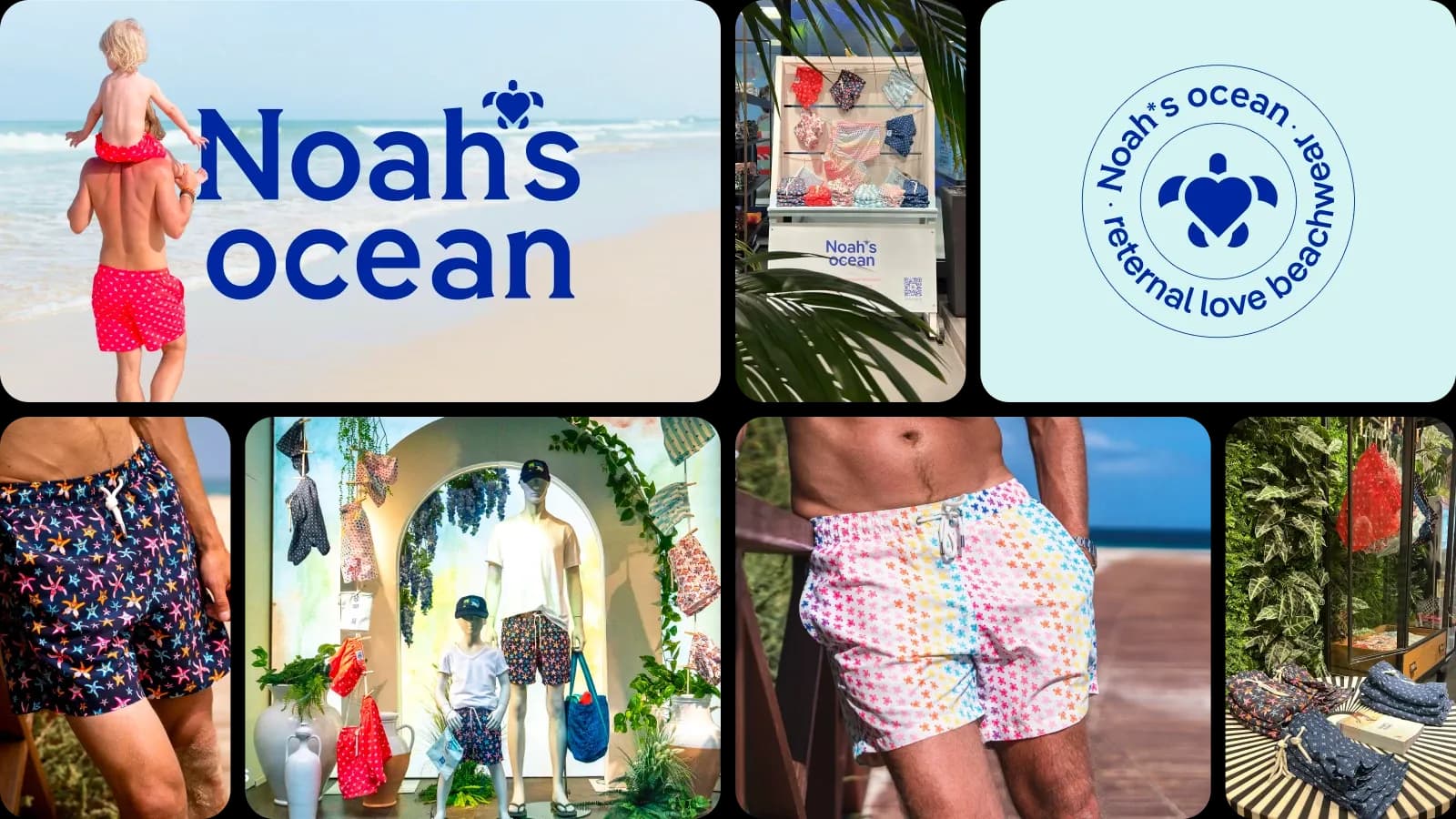 Noah's Ocean brand collage showcasing men's and boys' swimwear, logos, and beach displays.