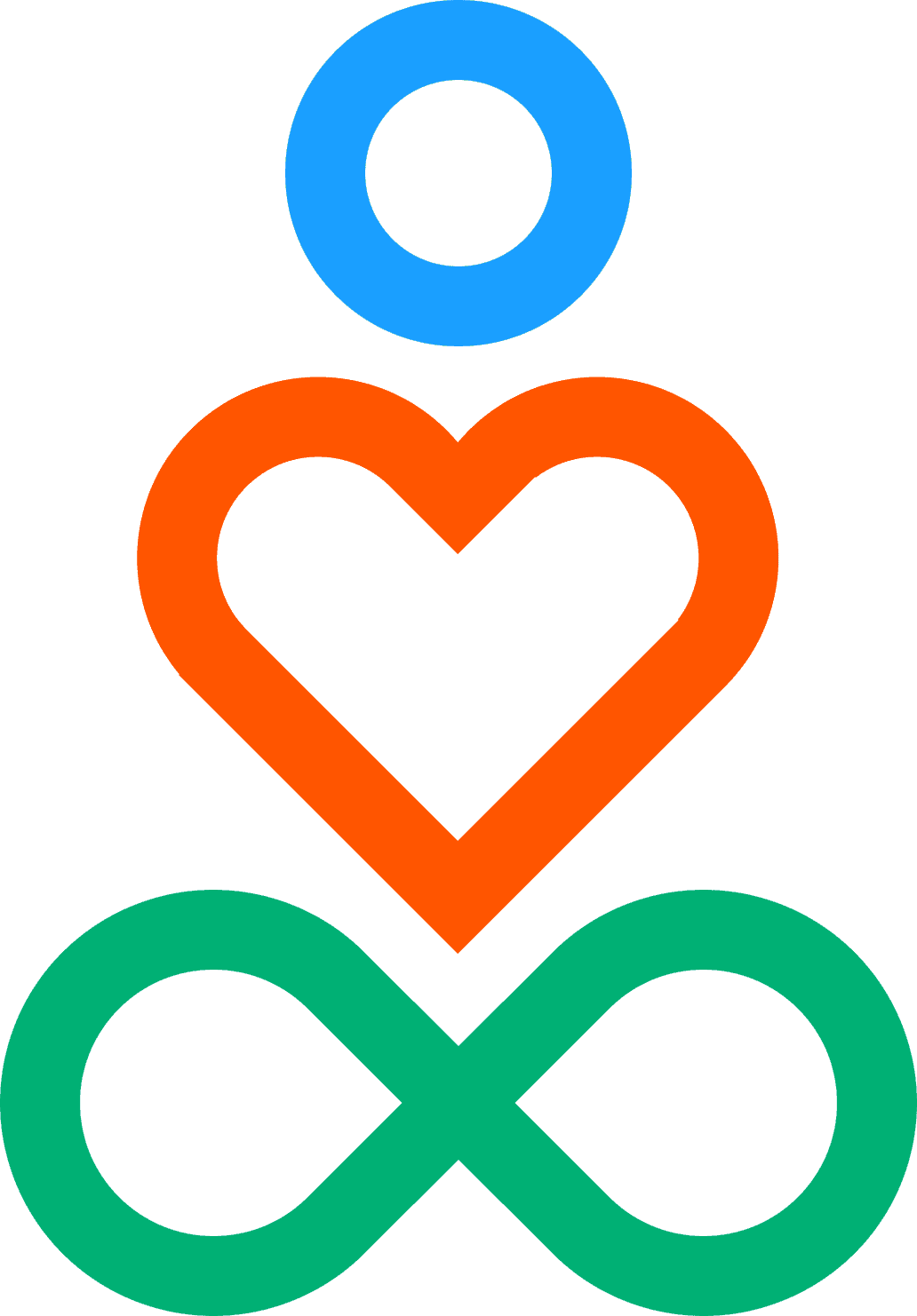 Head Heart Motion Icon – Kreis, Herz und Infinity-Symbol in Blau, Orange und Grün