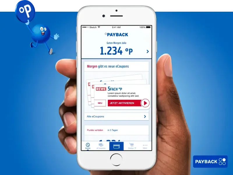 Hand holds smartphone displaying PAYBACK app showing 1,234 points balance.